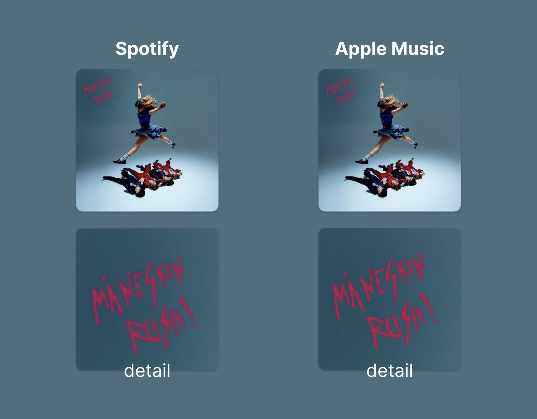 The same album-art twice. The Spotify image shows obvious JPEG-artifacts: the lines are a bit blurry and the colors less sharp.