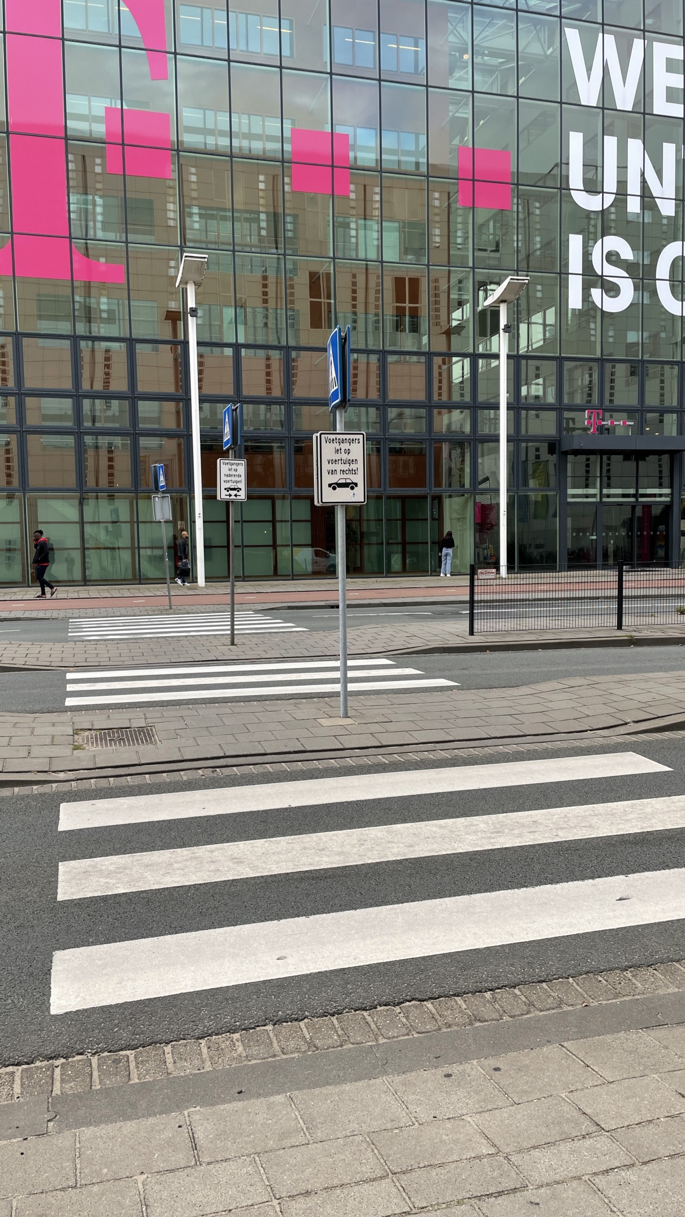 The three crossings as a pedestrian would normally see them: only the second sign is visible (“traffic from the right”)