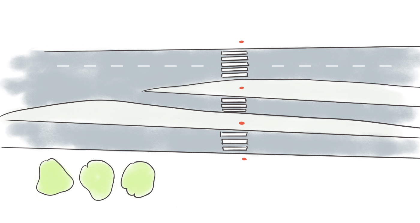 An top down view of the crossing. There are three zebra-crossings, the first crossing one lane (traffic from the left), the second also crossing one lane (traffic from the right) and the last one crossing two lanes (traffic from left first, then from the right)