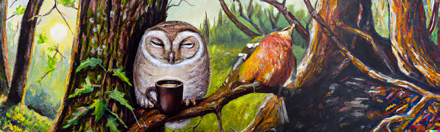 A sleepy owl sitting next to a very enthusiastic morning-bird